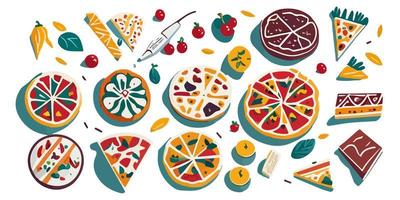 ost och tomat pizza i en platt tecknad serie stil vektor illustration