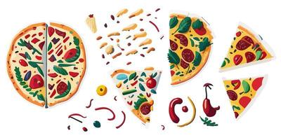 Karikatur Stil schnell Essen Box mit lecker runden Scheiben von Pizza vektor