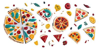 en mängd av pålägg på dessa platt vektor pizza illustrationer för din meny