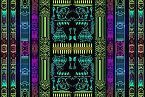 ethnisch Ikat ägyptisch Hieroglyphen Muster glühen im das dunkel Hintergrund. abstrakt traditionell Volk Antiquität Stammes- Grafik Linie aufwendig elegant Luxus. Textur Textil- Stoff ägyptisch Muster Vektor. vektor
