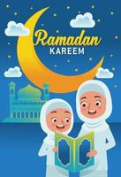 illustration eller vektor av en hijab flicka och en hijab mor läsning de qur'an tillsammans i främre av de moské, välkomnade de ankomst av de månad av ramadan.