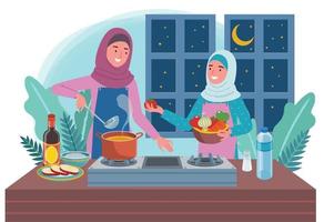 ein Muslim Frau ist Kochen Essen zum ein vor Sonnenaufgang Mahlzeit im das Küche, und ist unterstützt durch ihr Tochter. mit ein Nacht Hintergrund. vektor
