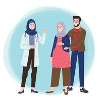 en moslem par med en gravid fru do en läkare besök och talande med deras kvinna läkare vektor