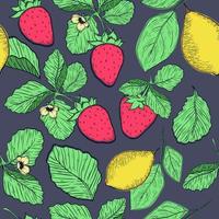Erdbeeren und Gelb Zitrone nahtlos Muster auf dunkel Hintergrund. Hand gezeichnet Muster. Obst Illustration. vektor