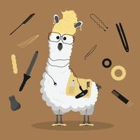 söt rolig lama tecknad serie alpacka hår frisör maskot djur- hand dragen vektor