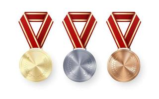 golden Silber und Bronze- Medaillen mit Lorbeer hängend auf rot Schleife. einstellen von Auszeichnungen. vergeben Symbol von Sieg und Erfolg. Vektor Illustration