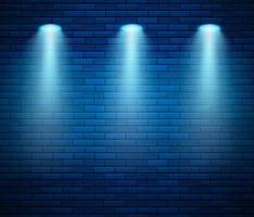 Scheinwerfer gegen Backstein Mauer im Blau Farbe. leeren Studio dekoriert Backstein Mauer und Stelle von Licht. Vektor Illustration