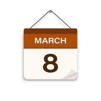 März 8, Kalender Symbol mit Schatten. Tag, Monat. Treffen geplanter Termin Zeit. Veranstaltung Zeitplan Datum. eben Vektor Illustration.