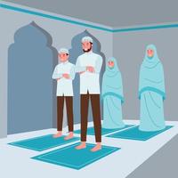ein Muslim Familie bestehend aus von Eltern und ihr Kinder sind tun Gebet im Gemeinde im das Moschee vektor