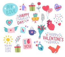 Karikatur Farbe anders süß Valentinsgrüße Tag Etiketten Abzeichen Aufkleber Satz. Vektor