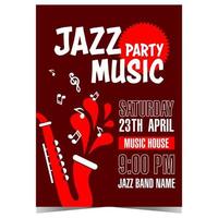 jazz musik fest inbjudan med röd saxofon emitterande musikalisk anteckningar. vektor illustration av affisch, baner, folder eller flygblad lämplig för leva jazz musik konsert eller festival. redo till skriva ut.