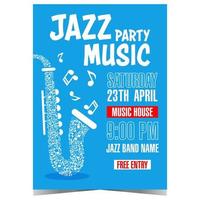 Jazz Musik- Party Promo Banner oder Poster mit Weiß Saxophon zusammengesetzt von Musical Anmerkungen auf Blau Hintergrund. Vektor Flugblatt oder Flyer geeignet zum Leben Jazz Musik- Konzert oder Festival. bereit zu drucken.