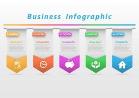 Infografik Geschäft 5 Optionen multi farbig Quadrate Briefe und Symbole zum Planung, Wachstum, Marketing, Investition, Finanzen grau Hintergrund. vektor