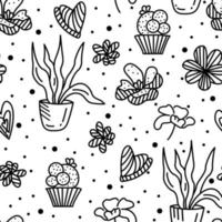 sömlös vektor klotter mönster ritad för hand i svart och vit. svart och vit blommor och hjärtan i klotter stil. för omslag papper, tyger, kort, inbjudningar, webb design, pappersvaror. prickad