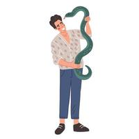 ein glücklich Mann hält ein Schlange. das Kerl lächelt beim das Reptil. Haustier, Veterinär Medizin vektor
