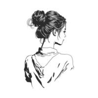 Frauen Zahl von hinter mit unordentlich Brötchen Haar Stil. schwarz und Weiß Vektor Linie Kunst