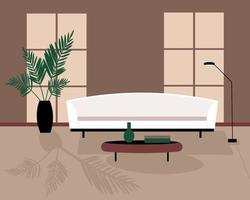 modern Zimmer Innere mit Sofa, Fenster, Kaffee Tisch, Lampe und Zimmerpflanze, Nein Personen. eben Vektor Illustration. gemütlich Zimmer und Nein eins. Illustration Overlay oder fertig Bild. Vektor eben Illustration