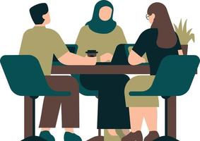 Gruppe von Menschen Sitzung beim ein Tabelle und reden. eben Vektor Illustration.