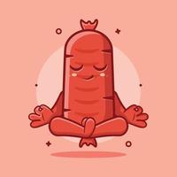Ruhe Würstchen Essen Charakter mit Yoga Meditation Pose Maskottchen isoliert Karikatur im eben Stil Design vektor