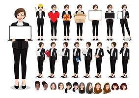Geschäftsfrau Cartoon Charakter Pose Set. schöne Geschäftsfrau im schwarzen Anzug des Bürostils. Vektorillustration vektor