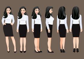 Zeichentrickfigur mit Geschäftsfrau im weißen Hemd für Animation. Vorderseite, Seite, Rückseite, 3-4 Ansichtscharakter. Vektorillustration. vektor