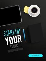 Starten Sie Ihre Business Promo-Zielseitenvorlage mit Papierbuch und modernem Tablet vektor