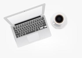 moderner weißer Laptop mit Kaffeetasse. Draufsicht vektor