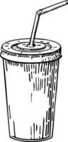 Vektor skizzieren Plastik, Papier Einweg Sanft kalt trinken Tasse mit Deckel und Stroh. Cola, Limonade Saft Wasser, Getränk Tasse. Hand gezeichnet