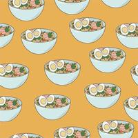 sömlös mönster med skål med Ramen och på gul bakgrund. illustration på de tema av asiatisk mat vektor