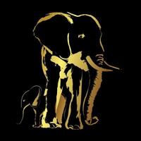 golden Rand Elefant Familie Pinselstrich Kunst Stil Über schwarz Hintergrund vektor