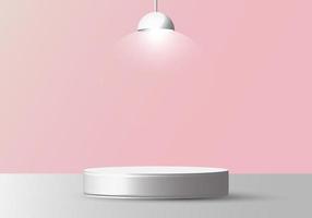 Realistisches leeres weißes rundes Sockelmodell 3d mit Lampe auf weichem rosa Hintergrund vektor