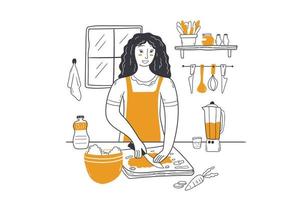 matlagning, hushållning, mat bakning begrepp. Lycklig kvinna spis karaktär i förkläde blandning Ingredienser framställning deg i skål. förberedelse hemlagad bakverk eller maträtt efterrätt på kök tabell illustration. vektor