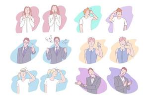 Menschen, Gesicht Ausdrücke einstellen Konzept. Sammlung von Männer Frauen Karikatur Zeichen Herstellung Beifall suchen beim Entfernung suchen zeigen mögen beten feiern Sieg. anders Emotionen und Gesten vektor