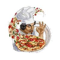 italienischer Koch, der Pizza hält. Vektor realistische Darstellung von Farben