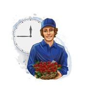 Blumenlieferung, Jungenkurier, Blumenverkäufer. Vektor realistische Darstellung von Farben