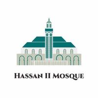 Hassan II Moschee in Marokko Vektor flache Ikone. Es ist die zweitgrößte funktionierende Moschee in Afrika und die siebtgrößte der Welt. Empfohlen für Touristenbesuche in Casablanca, Marokko.