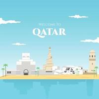 qatar banner med nationella byggnader turistattraktion av landets byggnader och konceptuella landskap vektorillustration. färgglada qatar berömda landmärke för din semestersemester. vektor