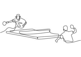 kontinuerlig linje ritning av ung glad man bordtennisspelare slog bollen. två idrottare som spelar bordtennis isolerad på vit bakgrund. tävling och sport övning koncept. vektor illustration