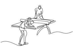 kontinuerlig linje ritning av ung glad man bordtennisspelare slog bollen. två idrottare som spelar bordtennis isolerad på vit bakgrund. tävling och sport övning koncept. vektor illustration