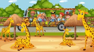 Kindertour in Safari-Szene mit vielen Giraffen vektor