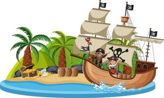Piratenschiff auf der Insel mit vielen Kindern lokalisiert auf weißem Hintergrund