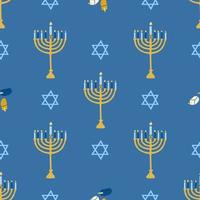 lycklig hanukkah, den judiska ljusfestivalen. menorah ljusstake med tända ljus. vektor sömlösa mönster på en blå bakgrund, tapet