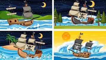 Satz Ozean mit Piratenschiff zu verschiedenen Zeiten Szenen im Cartoon-Stil vektor