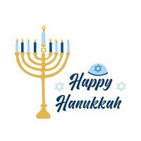 lycklig hanukkah, den judiska ljusfestivalen. menorah ljusstake med tända ljus och text. vektor gratulationskort, vit bakgrund