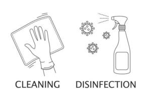 ikoner på temat rengöring, desinfektion, bekämpa koronavirus, bakterier. städning av lokaler, sjukhus, barninstitutioner. vektor linjär stil på en vit bakgrund
