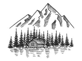 berg med tallar och hus på landet svart på vit bakgrund. handritade steniga toppar i skissstil. vektor illustration