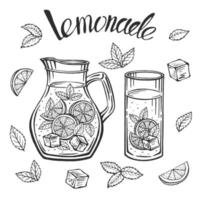 Glaskrug mit Limonade, Skizze der hausgemachten Limonade, Sommerillustration. handgezeichnete Zitrone, Zitronenscheibe, Stroh. die Inschrift auf der Limonade. vektor