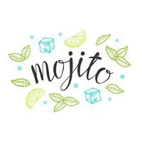 Beschriftung Mojito klassische Cocktail Hand gezeichnete Vektor-Illustration. mit Eis und einer Scheibe Limetten- und Minzblätter für Cocktailkarten. hausgemachte Mojito-Beschriftung, isolierte Vektorillustration vektor