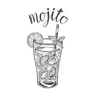 mojito klassisk cocktail handritad vektorillustration. limonadglas med is och en limeskiva och halm- och mynta-blad för cocktailkort. hemlagad mojito bokstäver, isolerad illustration vektor
