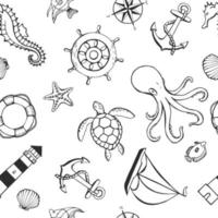 nahtloses Muster mit verschiedenen Tieren und Meeresobjekten. Unterwasserlebenshintergrund des Meeres oder des Ozeans. Konzeptelemente. Vektorillustration im handgezeichneten Stil. vektor